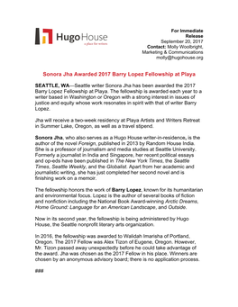 Sonora Jha Awarded 2017 Barry Lopez Fellowship at Playa