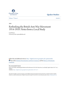 Rethinking the British Anti-War Movement 1914-1918: Notes from a Local Study Cyril Pearce University of Leeds, C.Pearce@Leeds.Ac.Uk