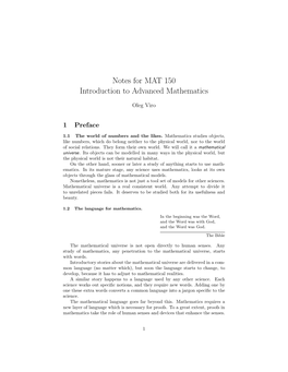 Notes for MAT 150 Introduction to Advanced Mathematics