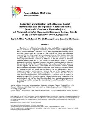 Endemism and Migration in the Kochkor Basin? Identification and Description of Adcrocuta Eximia (Mammalia: Carnivora: Hyaenidae) and C.F