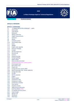 2020 Le Mans Prototype Hypercar Technical Regulations