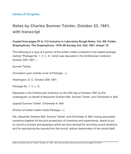 Notes by Charles Sumner Tainter, October 23, 1881, with Transcript