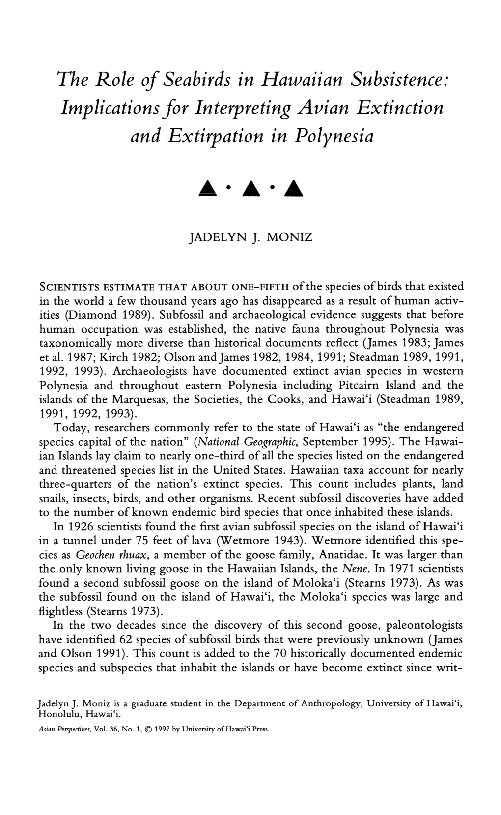 The Role of Seabirds in Hawaiian Subsistence: Implications for Interpreting Avian Extinction and Extirpation in Polynesia