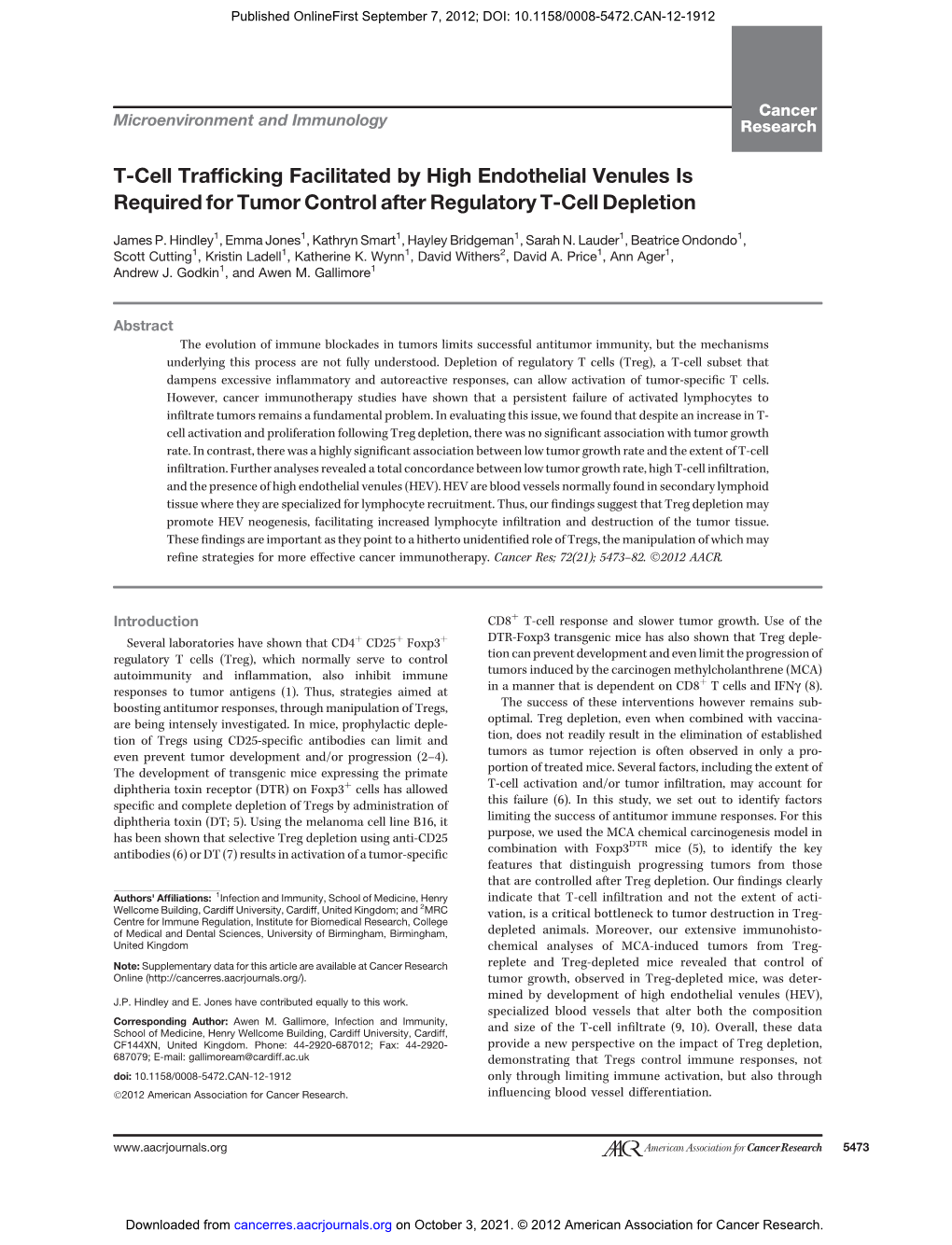 T-Cell Trafficking Facilitated by High Endothelial Venules Is Required for Tumor Control After Regulatory T-Cell Depletion