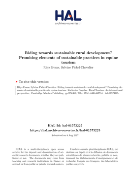 Riding Towards Sustainable Rural Development? Promising Elements of Sustainable Practices in Equine Tourism Rhys Evans, Sylvine Pickel-Chevalier