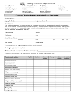 Teacher Recommendation Form Grades 6-12