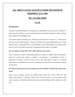 All About Lease and Gift Under Transfer of Property Act, 1882 By: Ayushi Modi