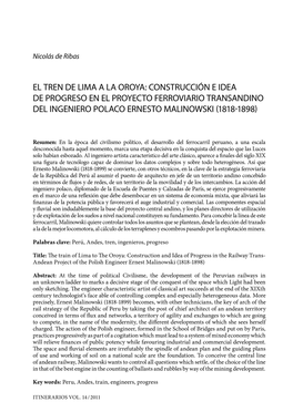 El Tren De Lima a La Oroya: Construcción E Idea De Progreso En El Proyecto Ferroviario Transandino Del Ingeniero Polaco Ernesto Malinowski (1818-1898)