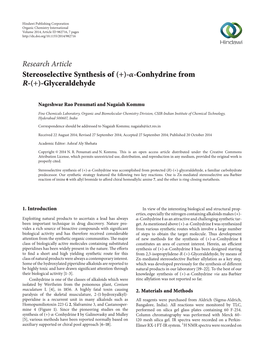 Research Article Stereoselective Synthesis of (+)- -Conhydrine from R