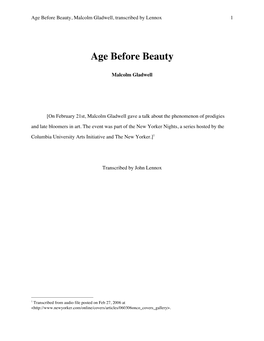 Age Before Beauty, Malcolm Gladwell, Transcribed by Lennox 1