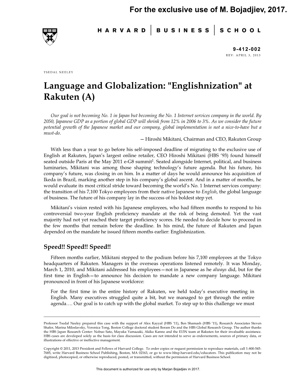 Language and Globalization: "Englishnization" at Rakuten (A)