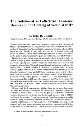 Lawrence Dennis and the Coming of World War 11*