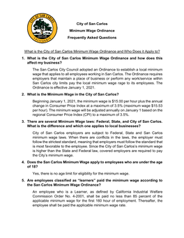 City of San Carlos Minimum Wage Ordinance Frequently Asked Questions