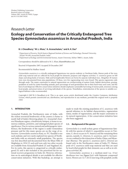 Ecology and Conservation of the Critically Endangered Tree Species Gymnocladus Assamicus in Arunachal Pradesh, India