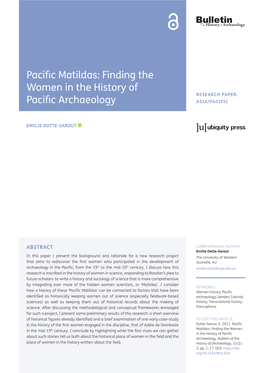 Pacific Matildas: Finding the Women in the History of RESEARCH PAPER: Pacific Archaeology ASIA/PACIFIC