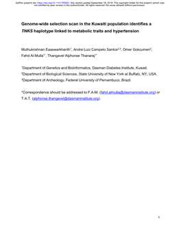 Genome-Wide Selection Scan in the Kuwaiti Population Identifies a TNKS Haplotype Linked to Metabolic Traits and Hypertension