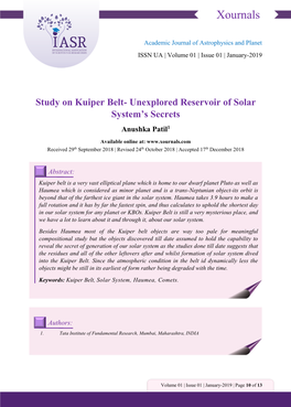 Study on Kuiper Belt- Unexplored Reservoir of Solar System’S Secrets Anushka Patil1