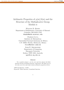Arithmetic Properties of Φ(N)/Λ(N) and the Structure of the Multiplicative Group Modulo N