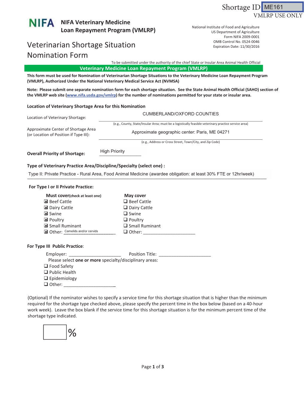 Veterinarian Shortage Situation Nomination Form