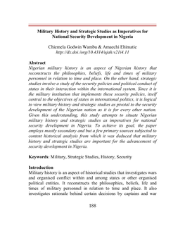 Military History and Strategic Studies As Imperatives for National Security Development in Nigeria Chiemela Godwin Wambu & A