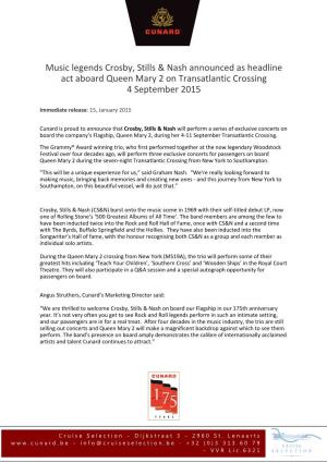 Music Legends Crosby, Stills & Nash Announced As Headline Act Aboard Queen Mary 2 on Transatlantic Crossing 4 September