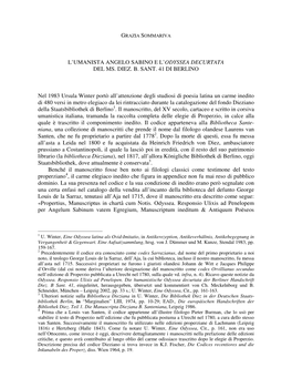 L'umanista Angelo Sabino E L'odyssea Decurtata Del Ms