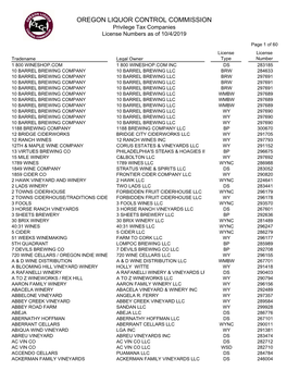 OREGON LIQUOR CONTROL COMMISSION Privilege Tax Companies License Numbers As of 10/4/2019