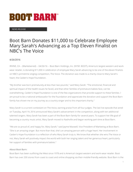 Boot Barn Donates $11,000 to Celebrate Employee Mary Sarah's Advancing As a Top Eleven Finalist on NBC's the Voice