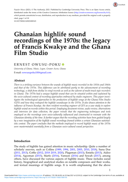Ghanaian Highlife Sound Recordings of the 1970S: the Legacy of Francis Kwakye and the Ghana Film Studio