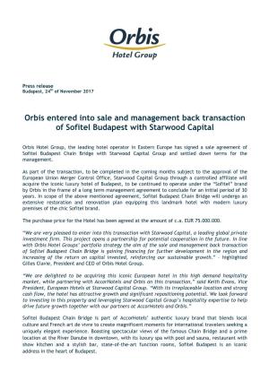 Orbis Entered Into Sale and Management Back Transaction of Sofitel Budapest with Starwood Capital
