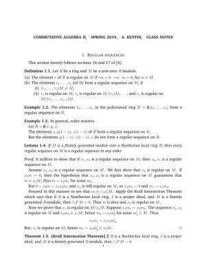 Commutative Algebra Ii, Spring 2019, A. Kustin, Class Notes