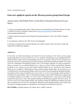 Four New Epiphytic Species in the Micarea Prasina Group from Europe