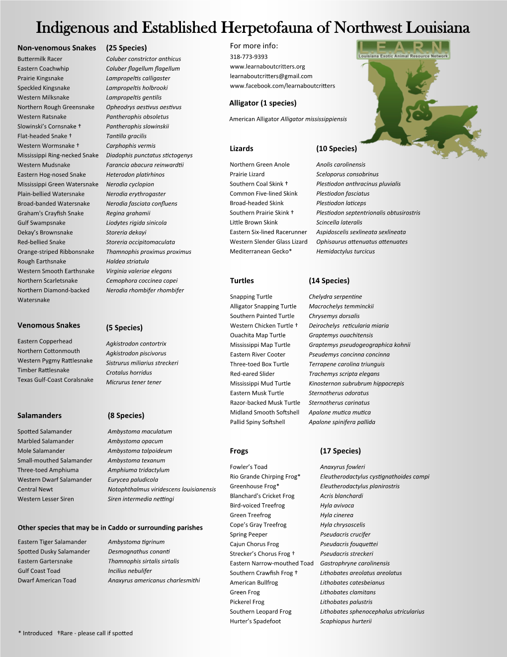 Indigenous and Established Herpetofauna of Northwest Louisiana