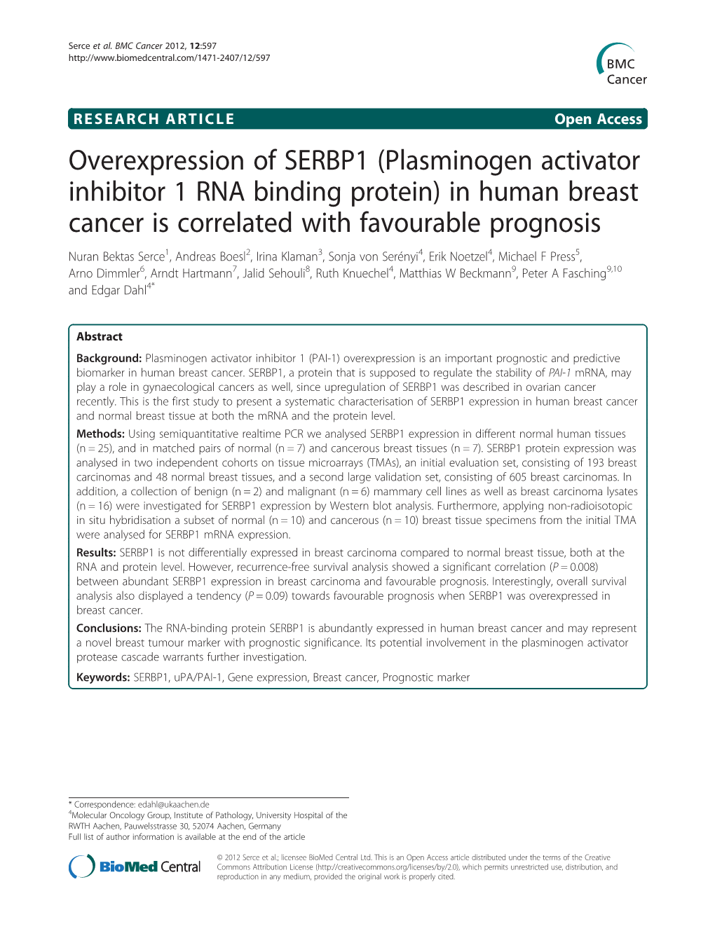 Overexpression of SERBP1 (Plasminogen Activator Inhibitor 1