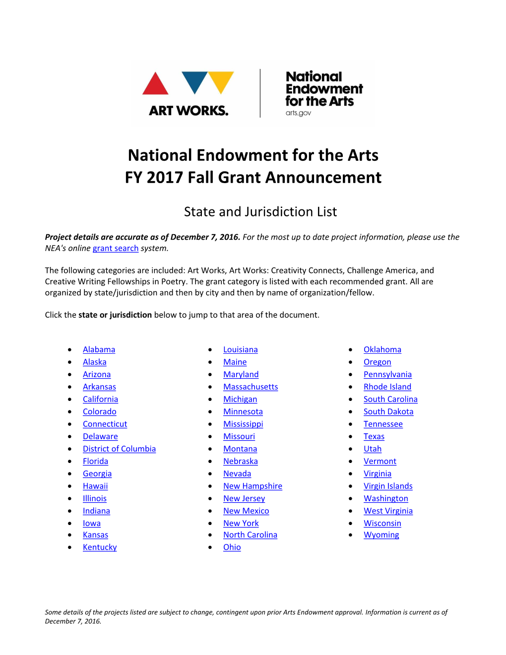 National Endowment for the Arts FY 2017 Fall Grant Announcement