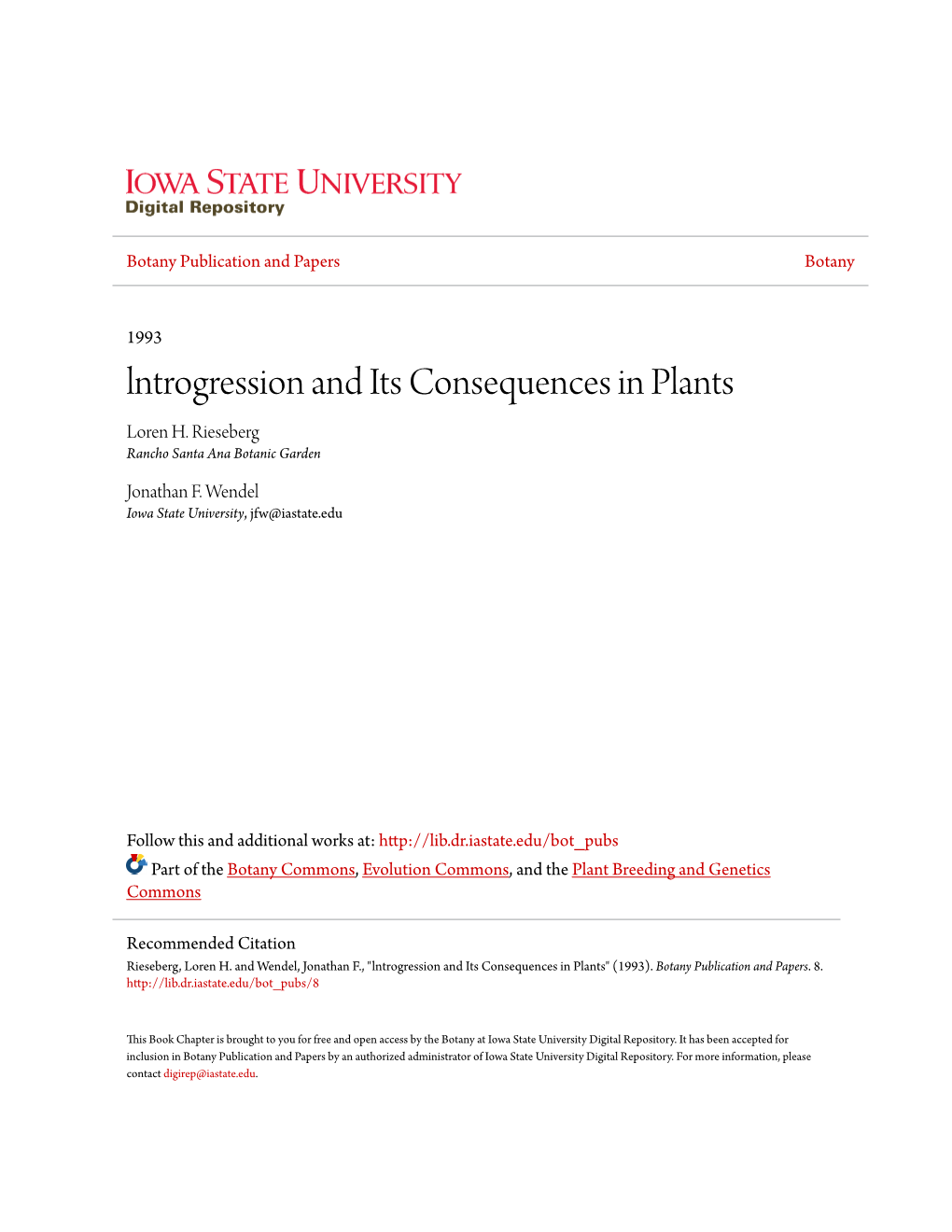 Lntrogression and Its Consequences in Plants Loren H