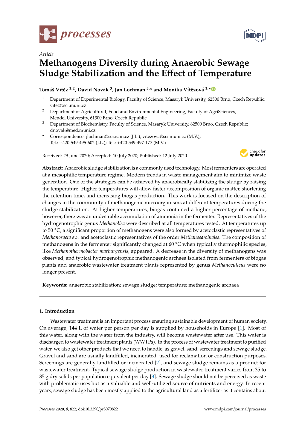 Methanogens Diversity During Anaerobic Sewage Sludge Stabilization and the Eﬀect of Temperature