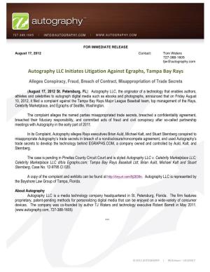 Autography LLC Initiates Litigation Against Egraphs, Tampa Bay Rays