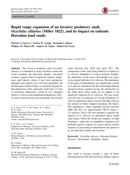 Rapid Range Expansion of an Invasive Predatory Snail, Oxychilus Alliarius (Miller 1822), and Its Impact on Endemic Hawaiian Land Snails