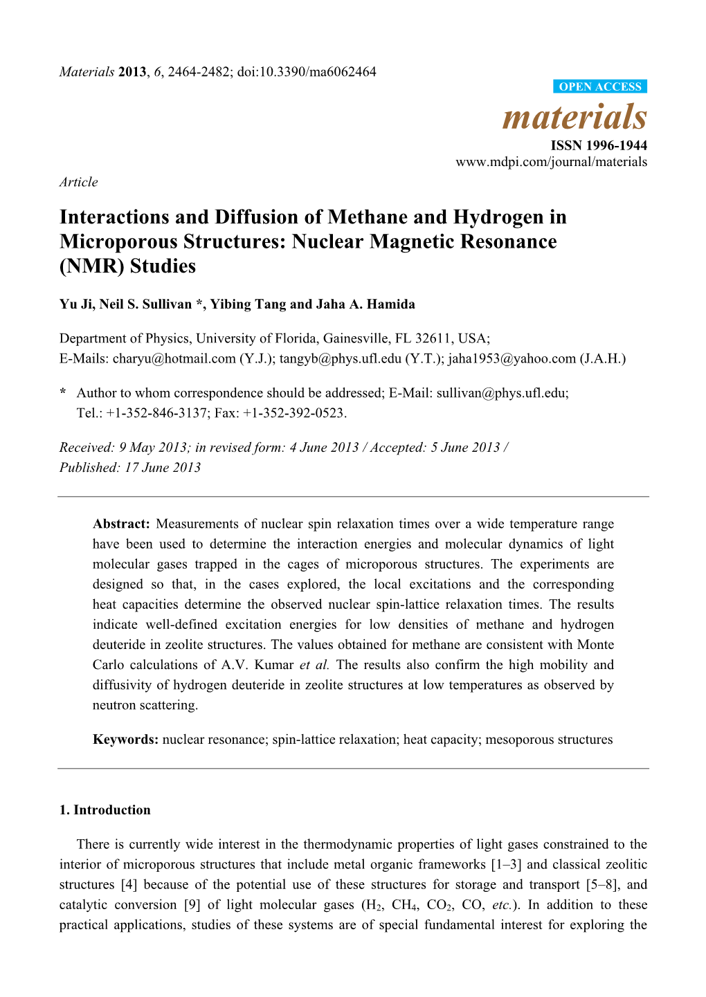 Interactions and Diffusion of Methane and Hydrogen in Microporous Structures: Nuclear Magnetic Resonance (NMR) Studies