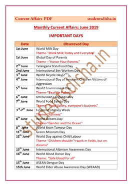Monthly Current Affairs: June 2019 IMPORTANT DAYS