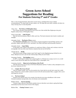 Green Acres School Suggestions for Reading for Students Entering 5Th and 6Th Grades