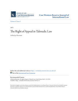 The Right of Appeal in Talmudic Law Arthur Jay Silverstein