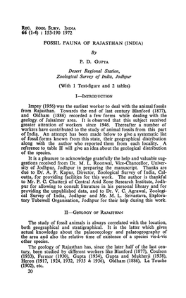 P. D. GUPTA (With 1 Text-Figure and 2 Tables) Impey (1956) Was the Earliest Worker to Deal with the Anima:! Fossils from Rajasth