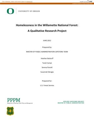 Homelessness in the Willamette National Forest: a Qualitative Research Project