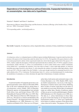 Dependence of Arctodiaptomus Salinus (Calanoida, Copepoda) Halotolerance on Exoosmolytes: New Data and a Hypothesis