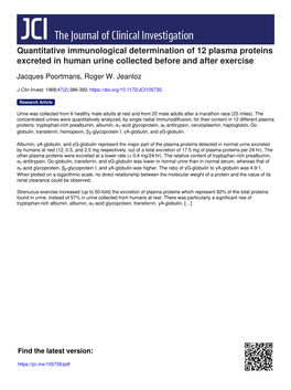 Quantitative Immunological Determination of 12 Plasma Proteins Excreted in Human Urine Collected Before and After Exercise