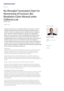 No Wrongful Termination Claim for Nonrenewal of Contract, but Retaliation Claim Allowed Under California Law by Mark S