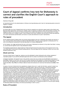 Court of Appeal Confirms Ivey Test for Dishonesty Is Correct and Clarifies the English Court’S Approach to Rules of Precedent