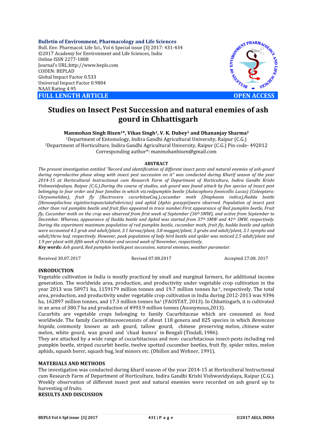 Studies on Insect Pest Succession and Natural Enemies of Ash Gourd in Chhattisgarh